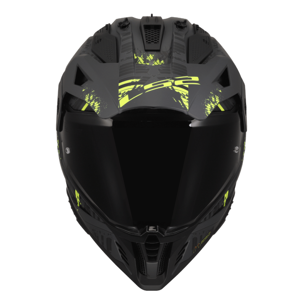 Destination Moto LS2 MX436 PIONEER II CRAZY MATT BLACK HI VIZ YELLOW HELMET