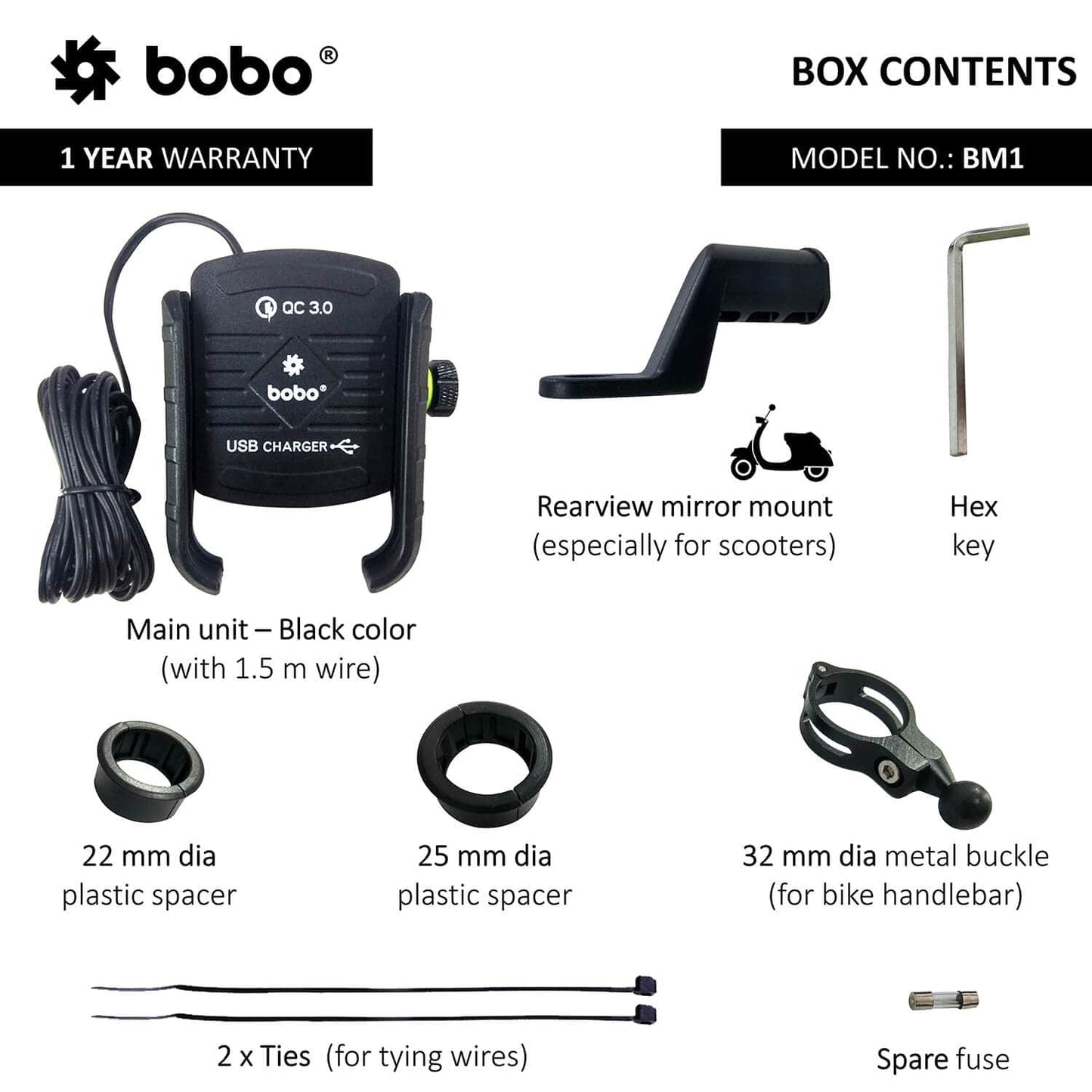 Bobo Gears BOBO BM1 Jaw-Grip Bike Phone Holder (with fast USB 3.0 charger) Motorcycle Mobile Mount