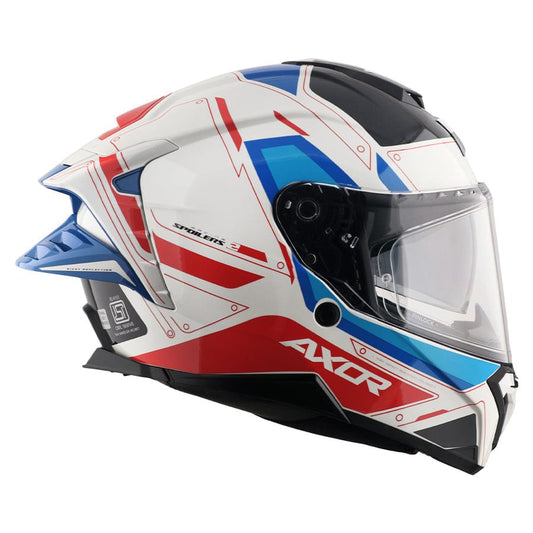 Destination Moto AXOR Brutale Ryden White Blue Red Dual Spoiler Helmet