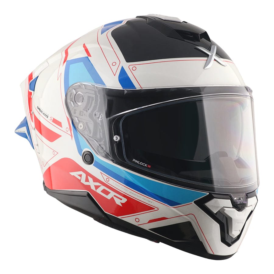 Destination Moto AXOR Brutale Ryden White Blue Red Dual Spoiler Helmet