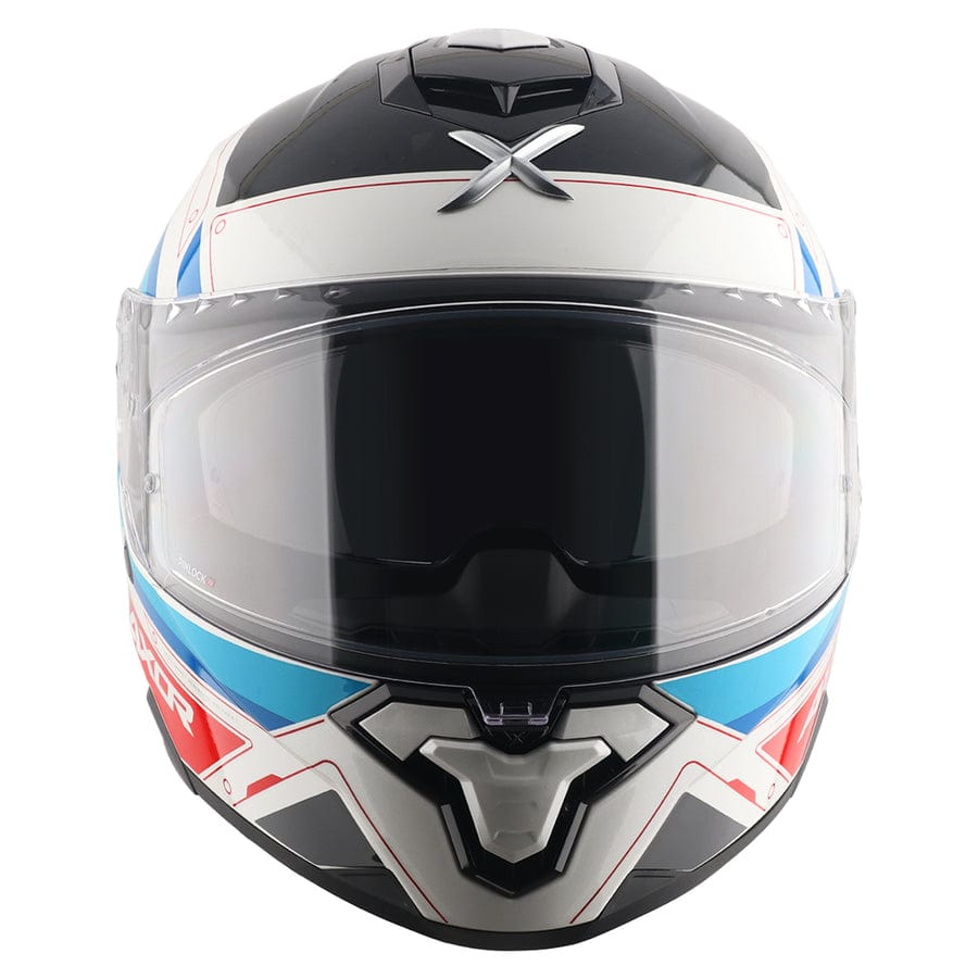 Destination Moto AXOR Brutale Ryden White Blue Red Dual Spoiler Helmet