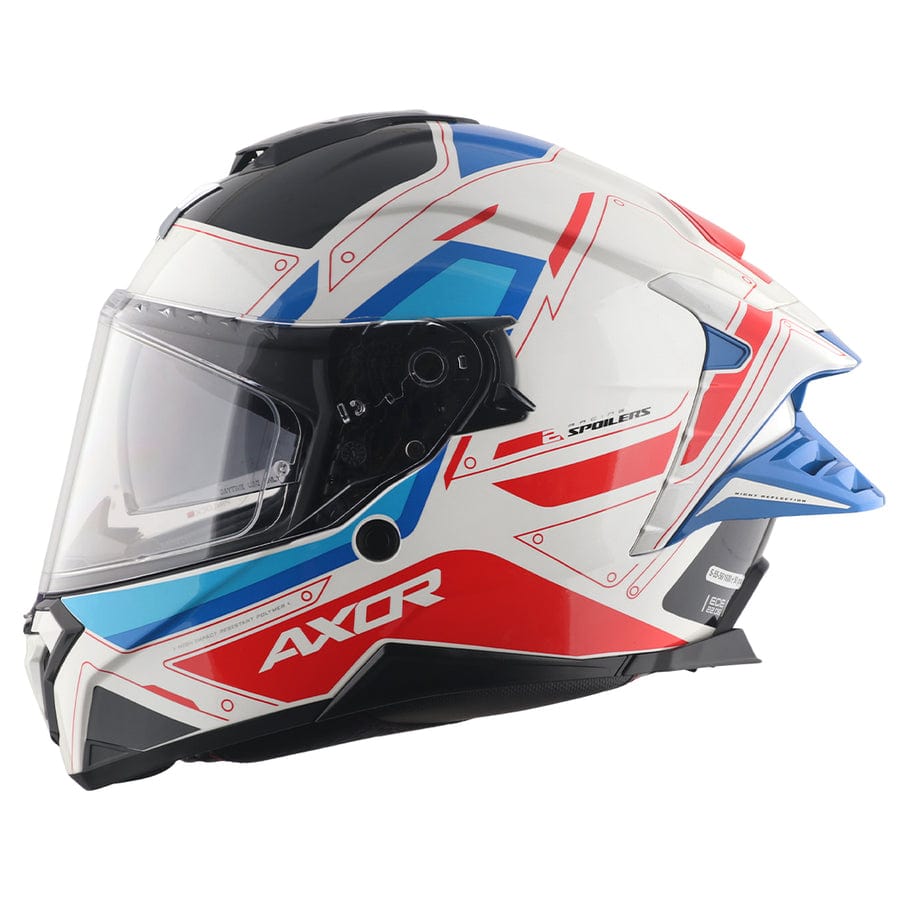 Destination Moto AXOR Brutale Ryden White Blue Red Dual Spoiler Helmet