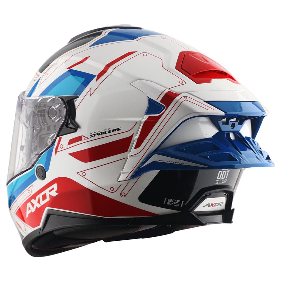 Destination Moto AXOR Brutale Ryden White Blue Red Dual Spoiler Helmet