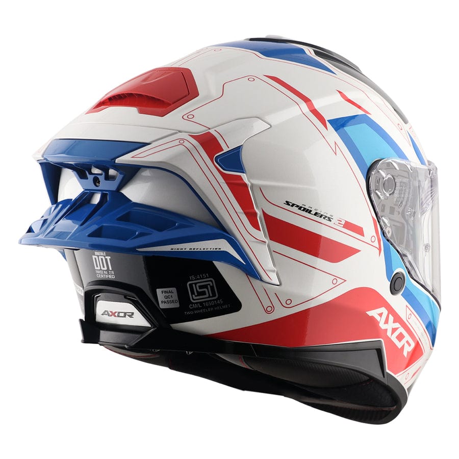 Destination Moto AXOR Brutale Ryden White Blue Red Dual Spoiler Helmet