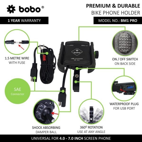 Destination Moto Bobo BM1 Pro Jaw-Grip Bike Phone Holder (with fast USB 3.0 charger, SAE connector & Fast USB Cable) Motorcycle Mobile Mount