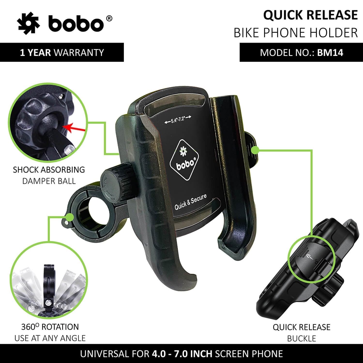 Destination Moto BOBO BM14 Quick Release Enhanced BM4 Bike / Cycle Phone Holder Motorcycle Mobile Mount