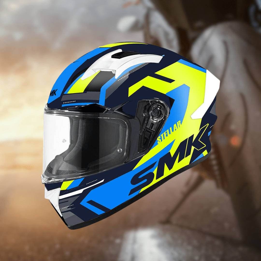 Destination Moto SMK Stellar K Power Gloss Black Blue Neon GL245 Helmet