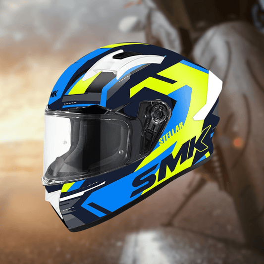 Destination Moto SMK Stellar K Power Gloss Black Blue Neon GL245 Helmet