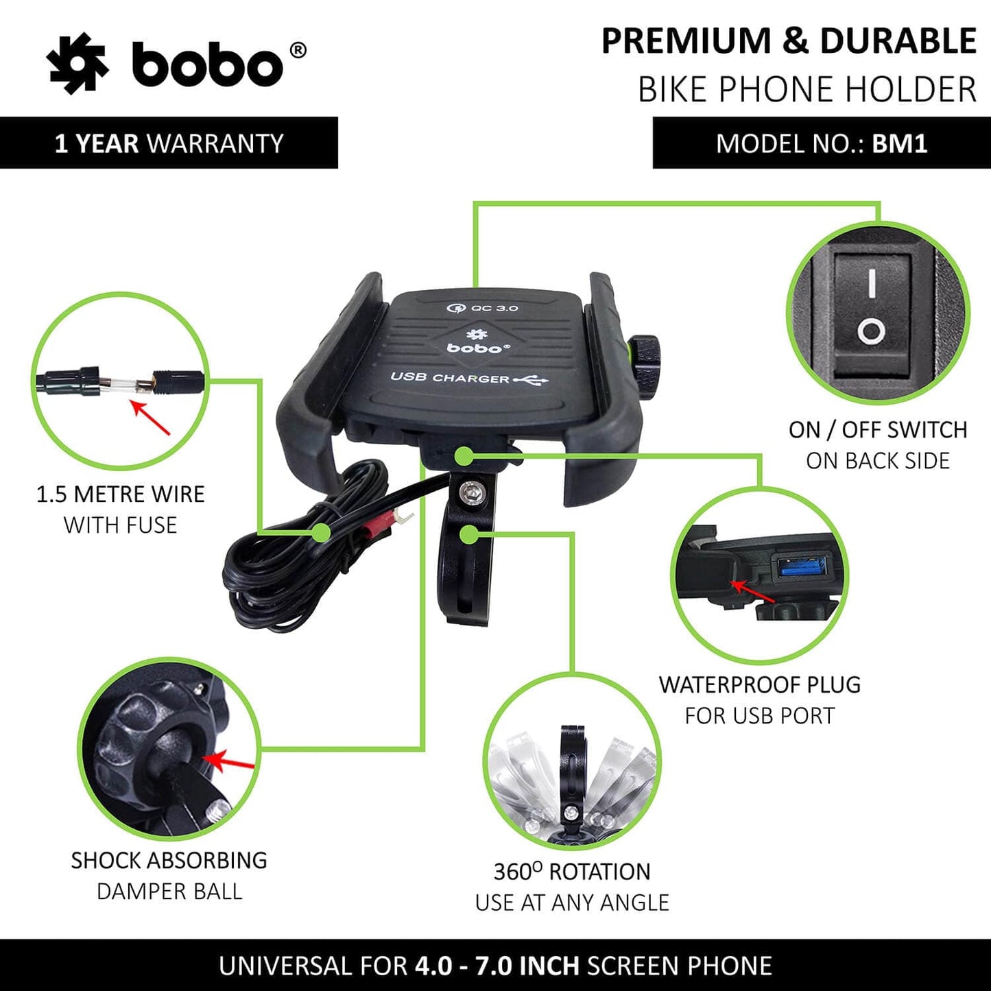 Bobo Gears BOBO BM1 Jaw-Grip Bike Phone Holder (with fast USB 3.0 charger) Motorcycle Mobile Mount