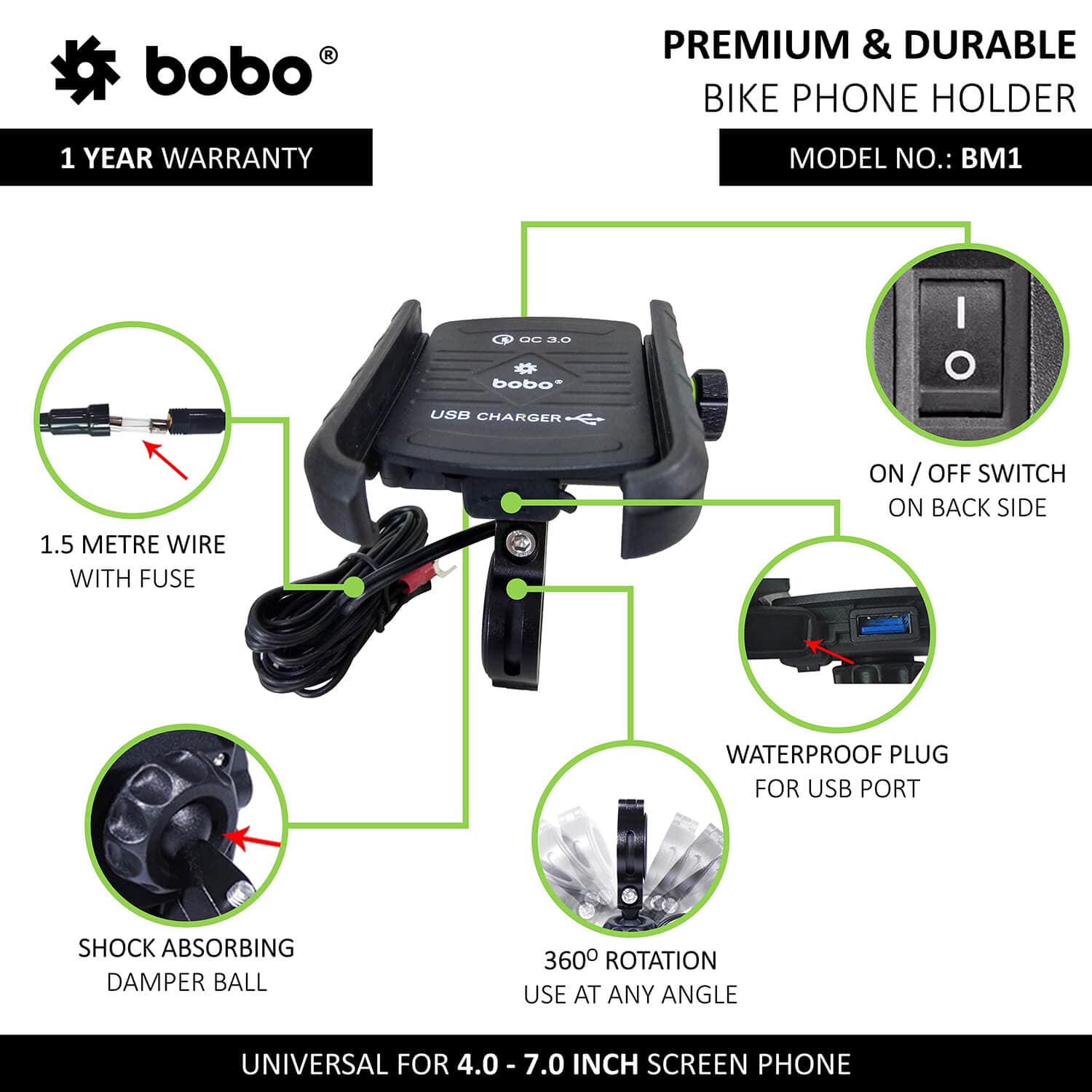 Bobo Gears BOBO BM1 Jaw-Grip Bike Phone Holder (with fast USB 3.0 charger) Motorcycle Mobile Mount