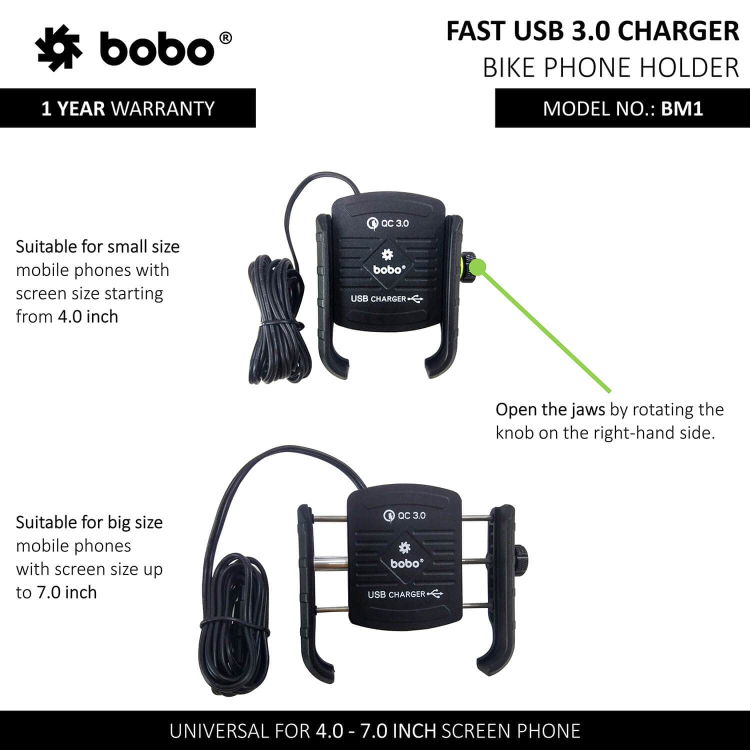 Bobo Gears BOBO BM1 Jaw-Grip Bike Phone Holder (with fast USB 3.0 charger) Motorcycle Mobile Mount