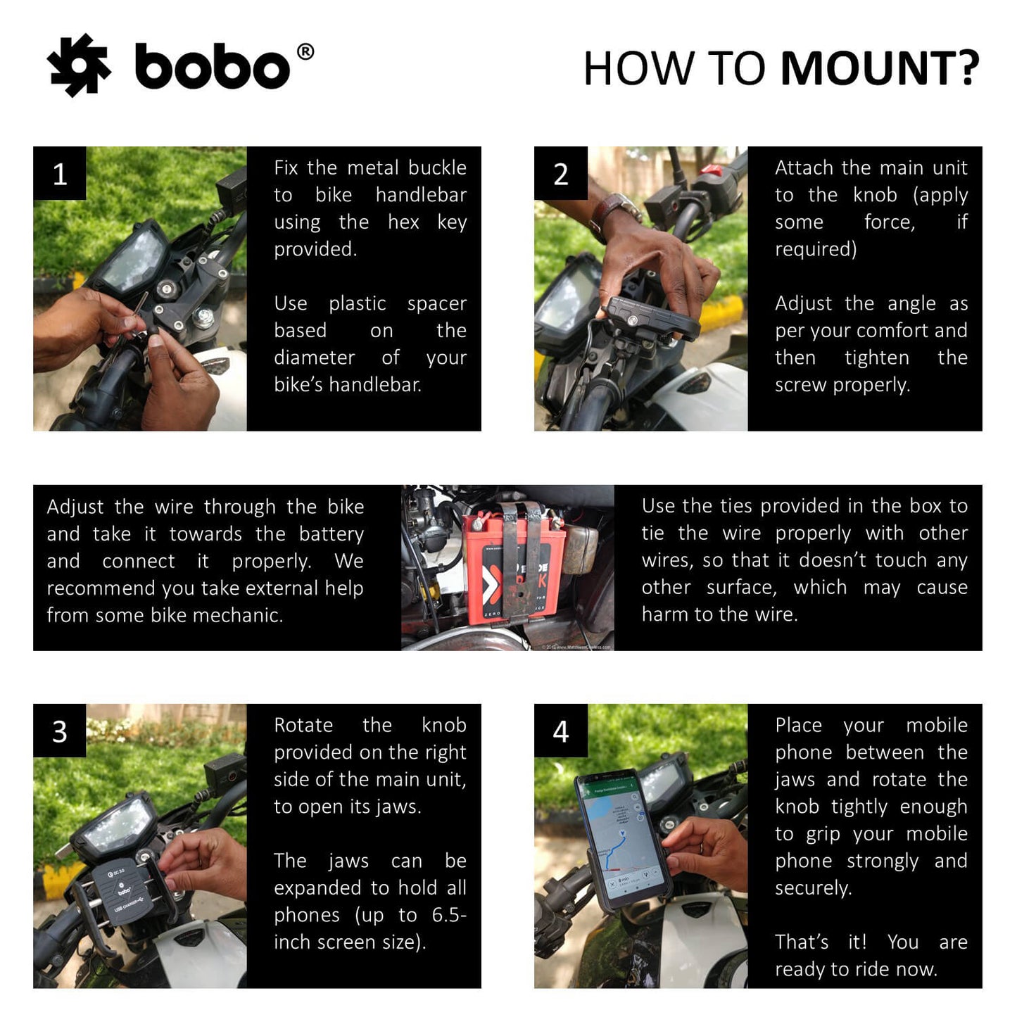 Bobo Gears BOBO BM1 Jaw-Grip Bike Phone Holder (with fast USB 3.0 charger) Motorcycle Mobile Mount